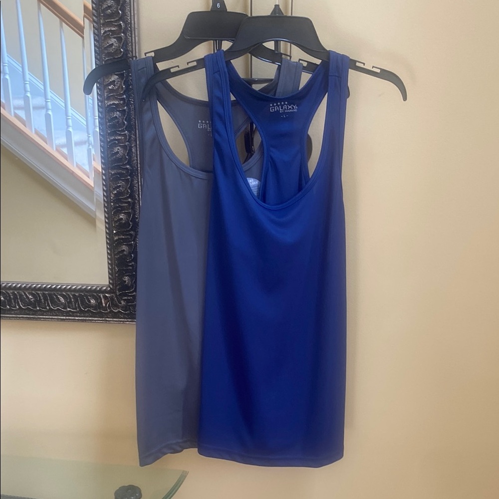Galaxy set is 2, Blue + Grey women's L racer back athletic tank tops $56